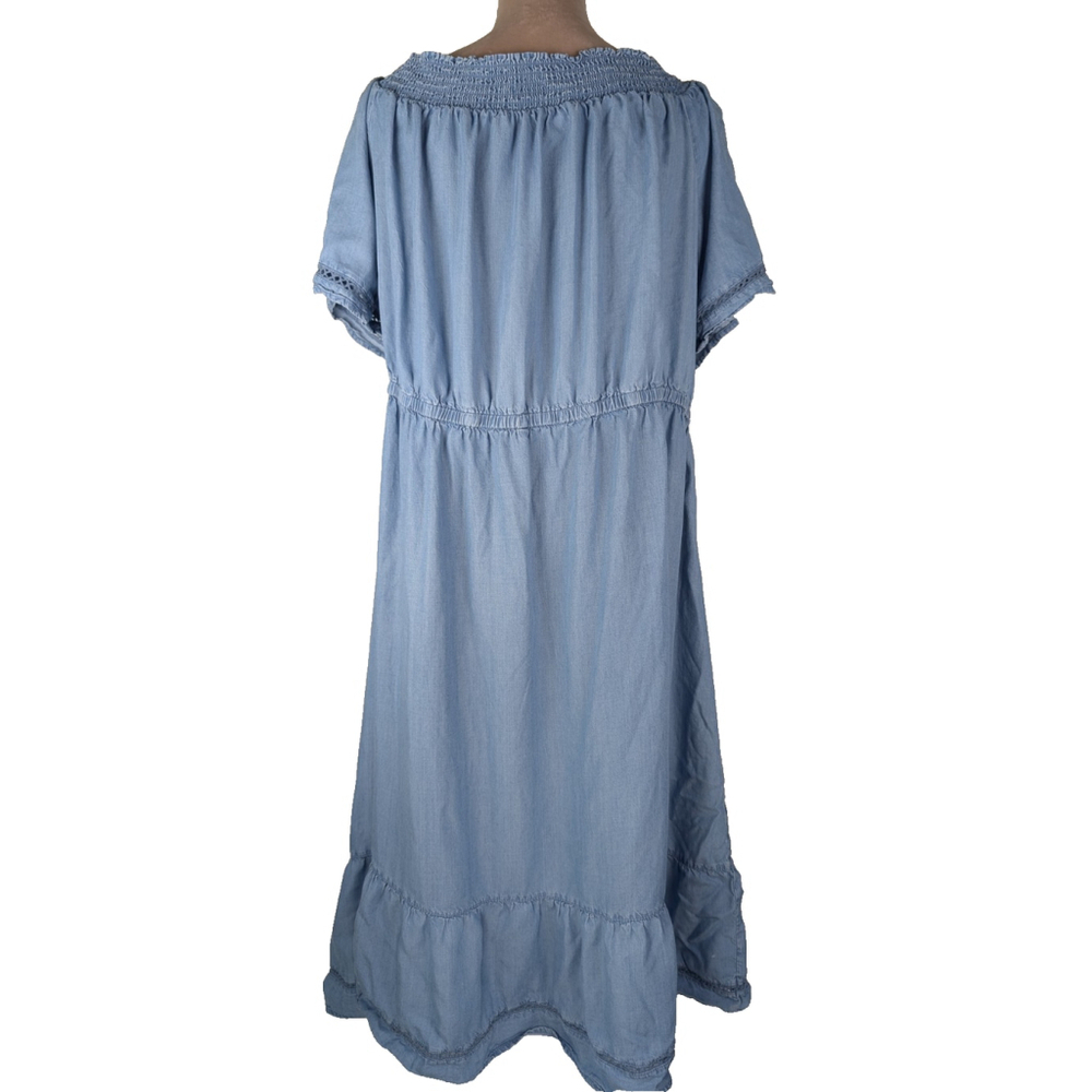 Old Navy Smocked Blue Chambray Midi Dress Off Shoulder 2XL Cowgirl Western - Picture 3 of 11